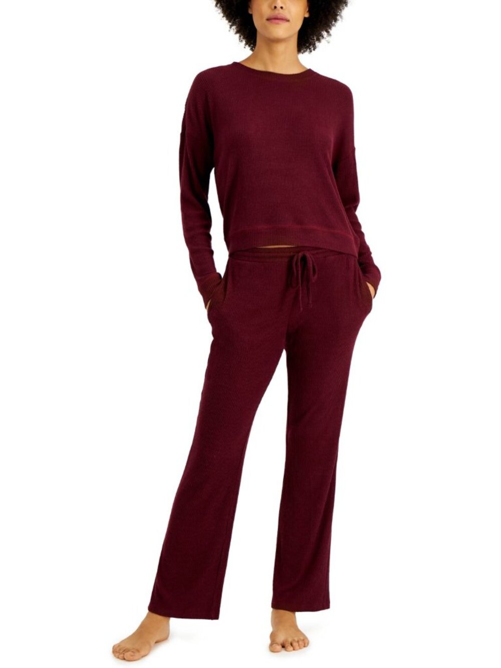 Alfani Womens Ribbed Wide Leg Pajama Set